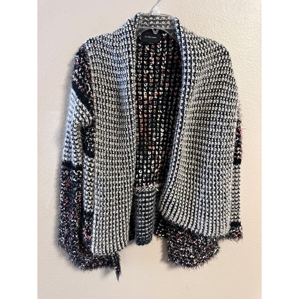 La Fee Verte Womens Open Front Cardigan Houndstooth Eyelash Knit Black Pink S
